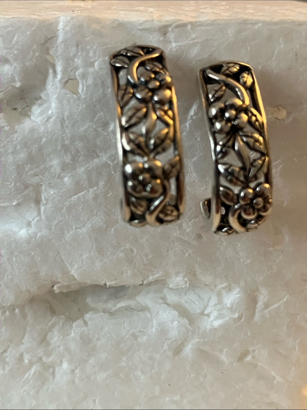 Floral Engraved Hoop Earrings - Sterling Silver